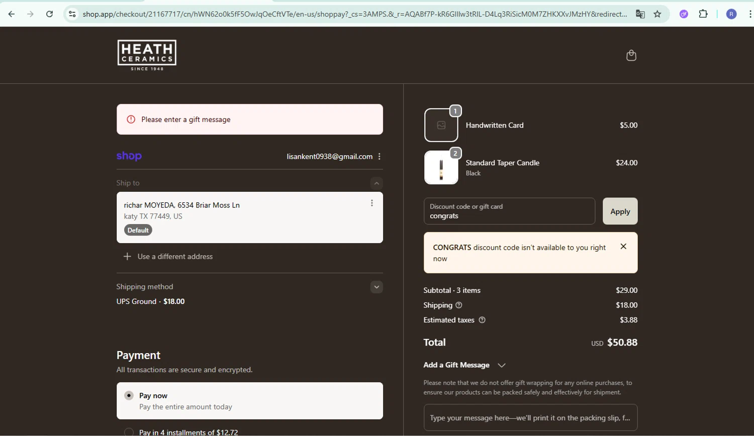 Heath Ceramics discount code screenshot showing code congrats applied at Heath Ceramics checkout page. Uploaded by SimplyCodes community member CoinPilot9113 on Dec 4, 2025