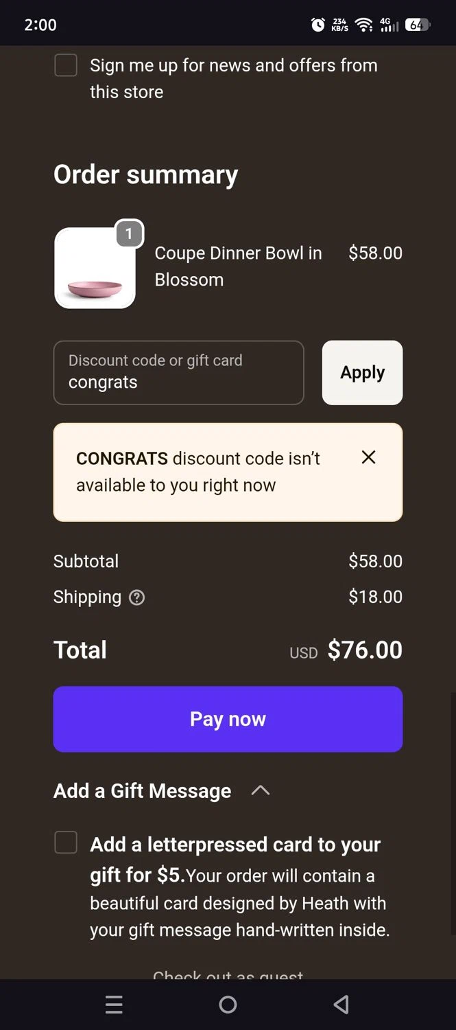 Heath Ceramics discount code screenshot showing code congrats applied at Heath Ceramics checkout page. Uploaded by SimplyCodes community member QuestSeeker7732 on Nov 12, 2025