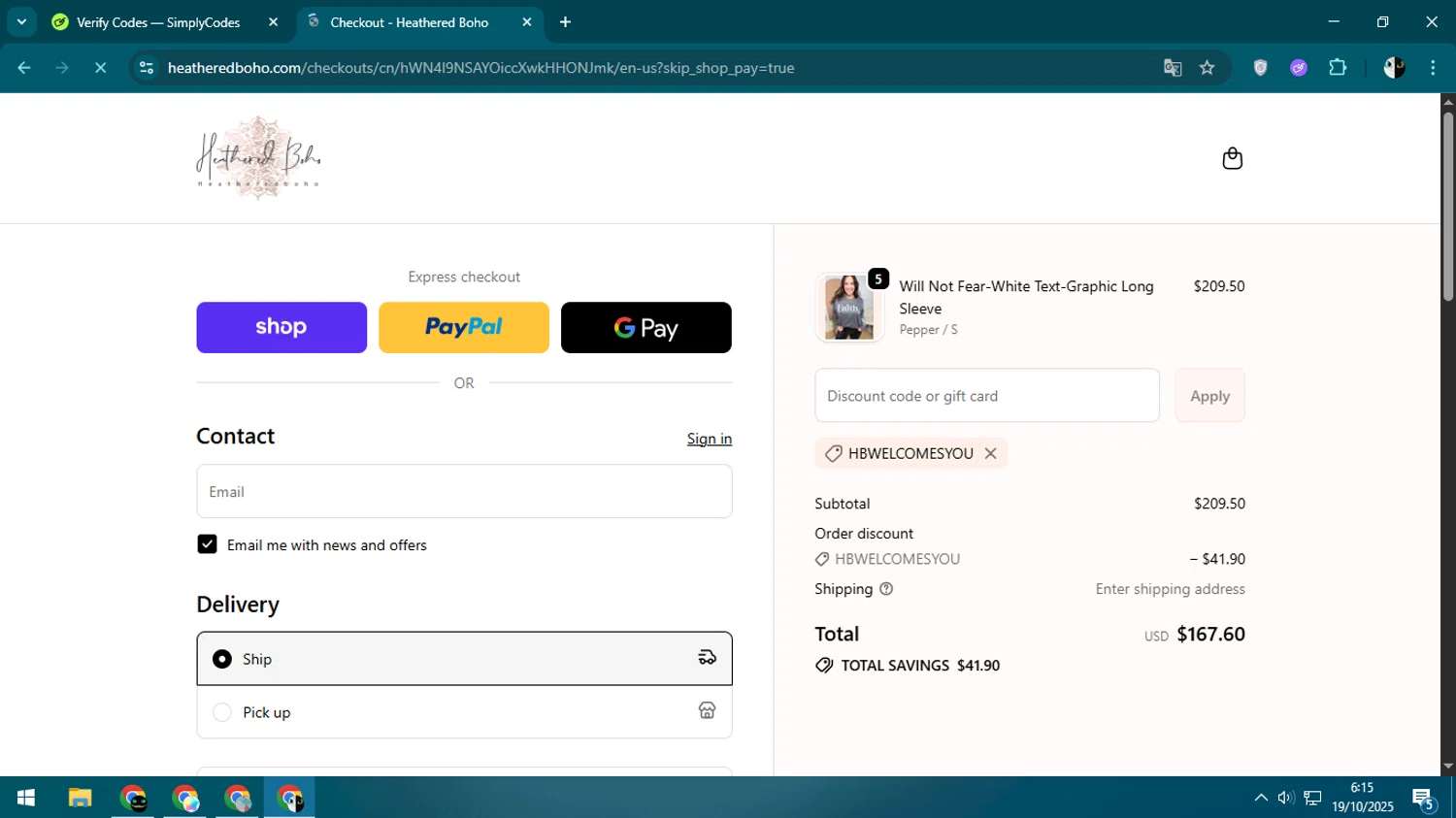 Heathered Boho coupon code screenshot showing code HBWELCOMESYOU applied at Heathered Boho checkout page. Uploaded by SimplyCodes community member CleverSage9163 on Oct 19, 2025