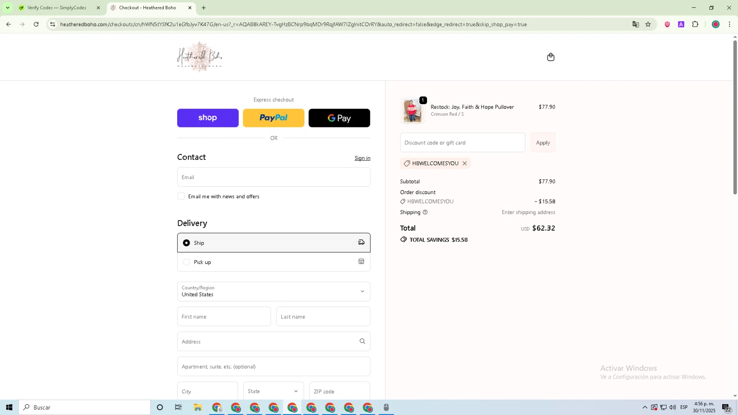 Heathered Boho coupon code screenshot showing code HBWELCOMESYOU applied at Heathered Boho checkout page. Uploaded by SimplyCodes community member Joseph_Davis on Nov 30, 2025