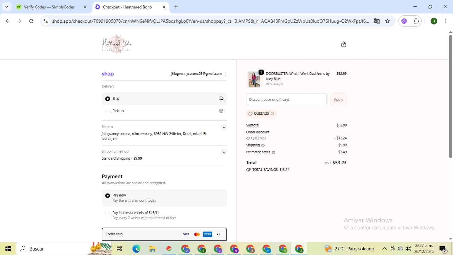 Heathered Boho coupon code screenshot showing code QUEEN25 applied at Heathered Boho checkout page. Uploaded by SimplyCodes community member CleverSeeker3529 on Dec 20, 2025