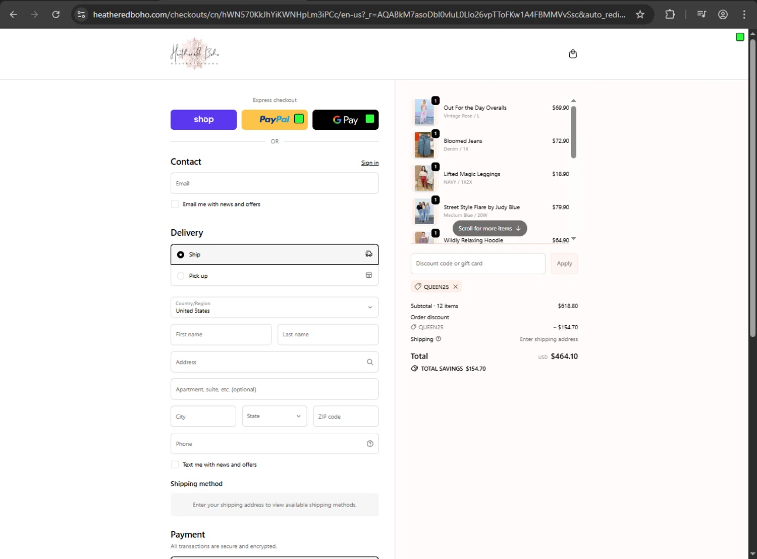 Heathered Boho coupon code screenshot showing code QUEEN25 applied at Heathered Boho checkout page. Uploaded by SimplyCodes community member VictoriousDefender1681 on Nov 10, 2025