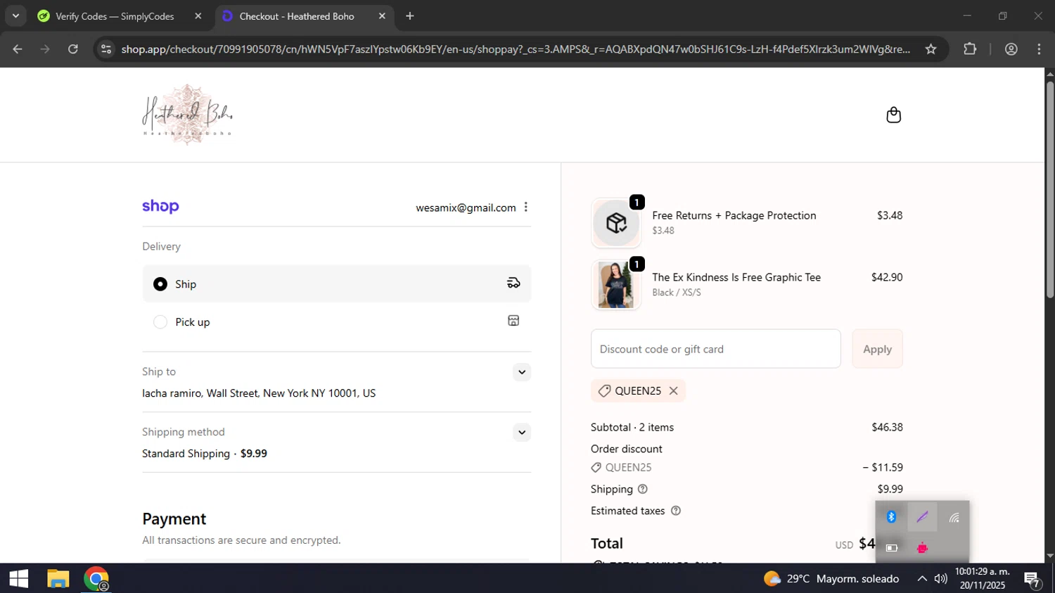 Heathered Boho coupon code screenshot showing code QUEEN25 applied at Heathered Boho checkout page. Uploaded by SimplyCodes community member coder_916642691 on Nov 20, 2025