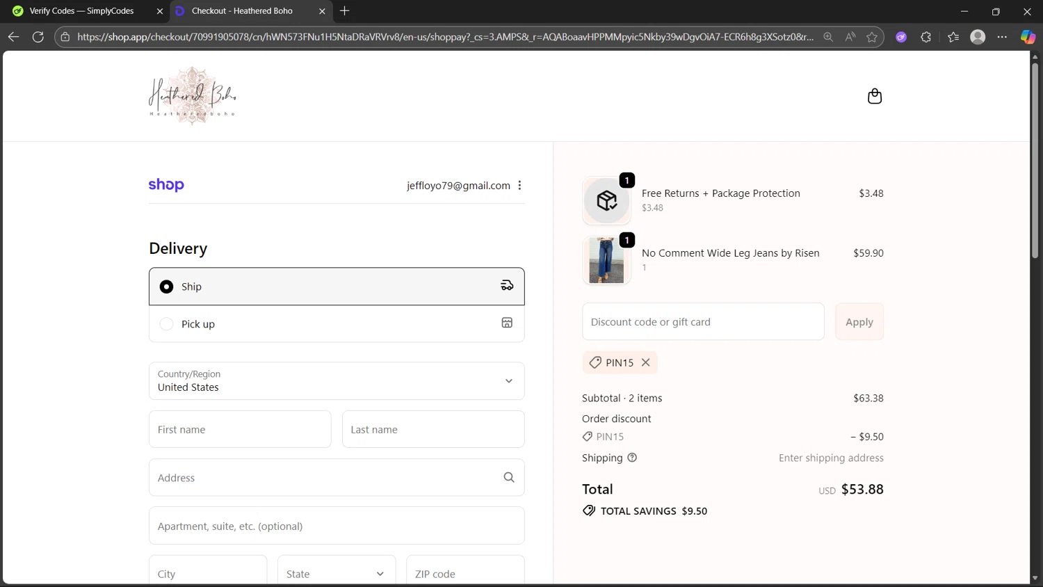 Heathered Boho coupon code screenshot showing code PIN15 applied at Heathered Boho checkout page. Uploaded by SimplyCodes community member _Flash_ on Nov 10, 2025