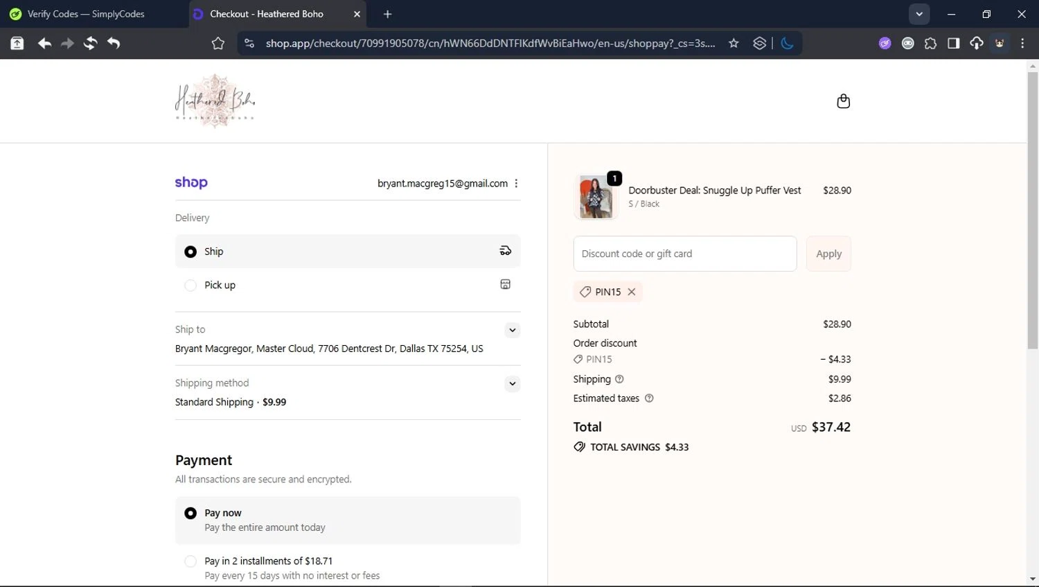 Heathered Boho coupon code screenshot showing code PIN15 applied at Heathered Boho checkout page. Uploaded by SimplyCodes community member LegendaryCollector6259 on Dec 6, 2025