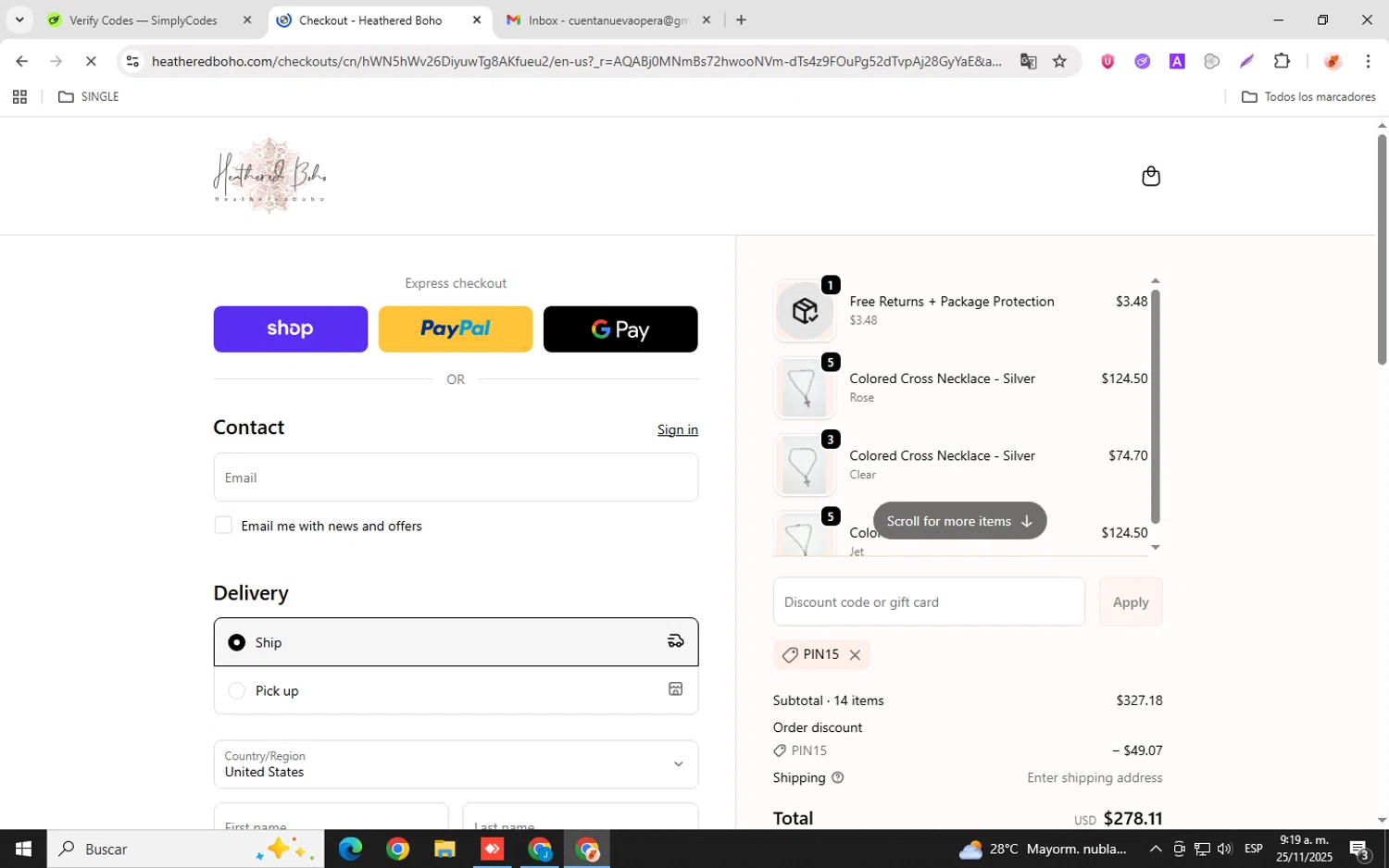 Heathered Boho coupon code screenshot showing code PIN15 applied at Heathered Boho checkout page. Uploaded by SimplyCodes community member donaldJtrump on Nov 25, 2025