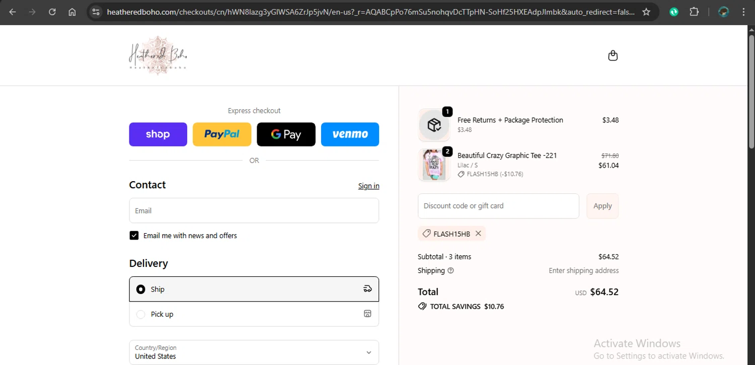 Heathered Boho checkout page showing Heathered Boho coupon code box | Screenshot taken by SimplyCodes community member on Feb 14, 2026