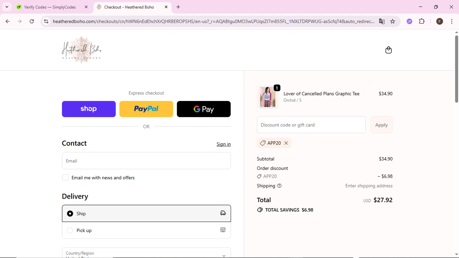 Heathered Boho coupon code screenshot showing code APP20 applied at Heathered Boho checkout page. Uploaded by SimplyCodes community member BargainShopper1802 on Dec 24, 2025
