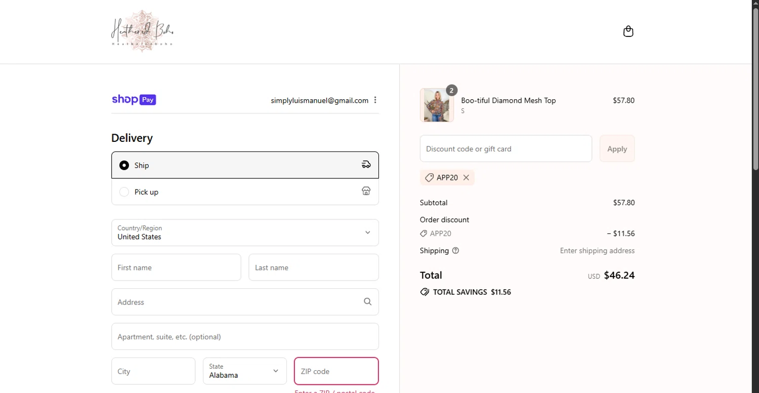 Heathered Boho coupon code screenshot showing code APP20 applied at Heathered Boho checkout page. Uploaded by SimplyCodes community member WoskalRevenge on Aug 23, 2025