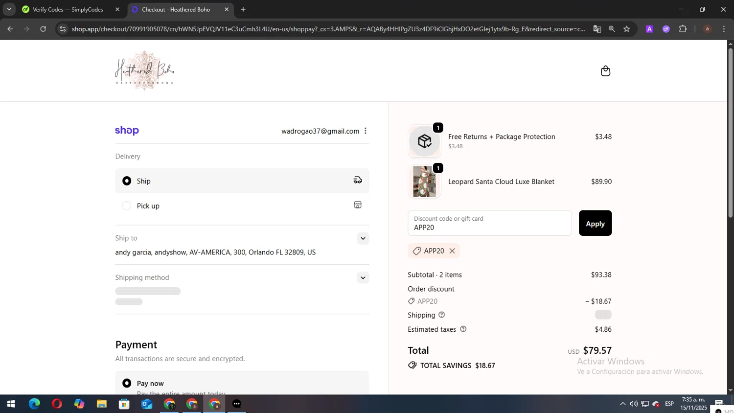 Heathered Boho coupon code screenshot showing code APP20 applied at Heathered Boho checkout page. Uploaded by SimplyCodes community member elbicho22 on Nov 15, 2025