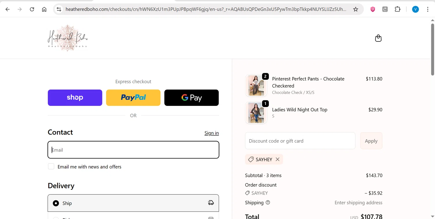 Heathered Boho coupon code screenshot showing code SAYHEY applied at Heathered Boho checkout page. Uploaded by SimplyCodes community member CleverPilot4885 on Dec 17, 2025