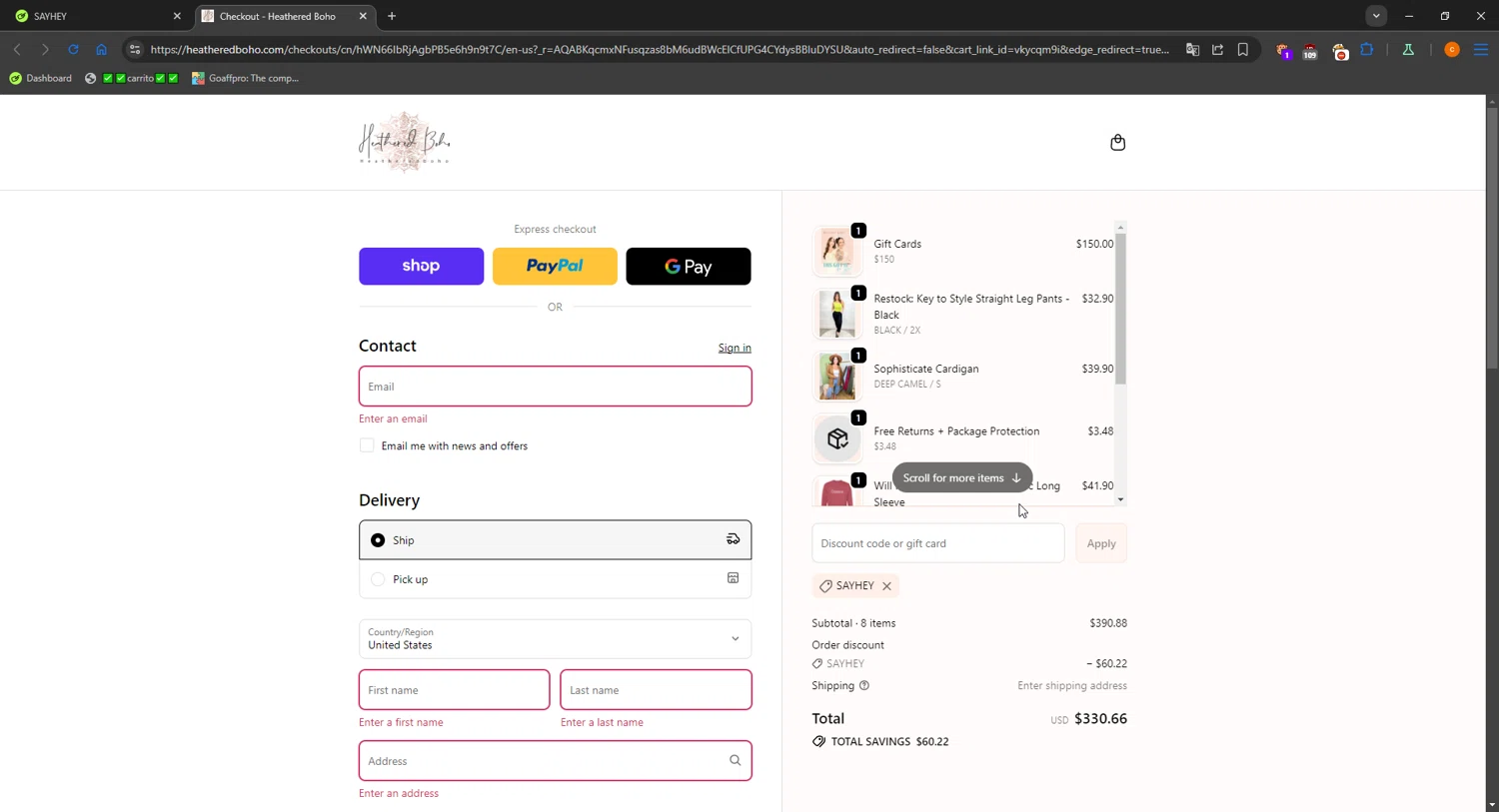 Heathered Boho coupon code screenshot showing code SAYHEY applied at Heathered Boho checkout page. Uploaded by SimplyCodes community member LOgoter on Dec 6, 2025