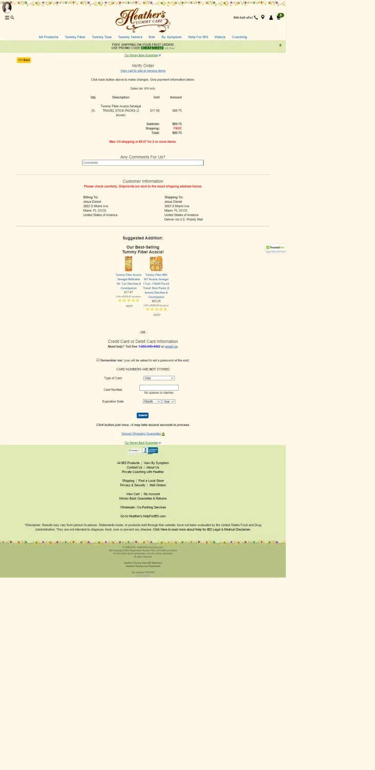 Heather's Tummy Care checkout page showing Heather's Tummy Care promo code box | Screenshot taken by SimplyCodes community member on Jul 24, 2023
