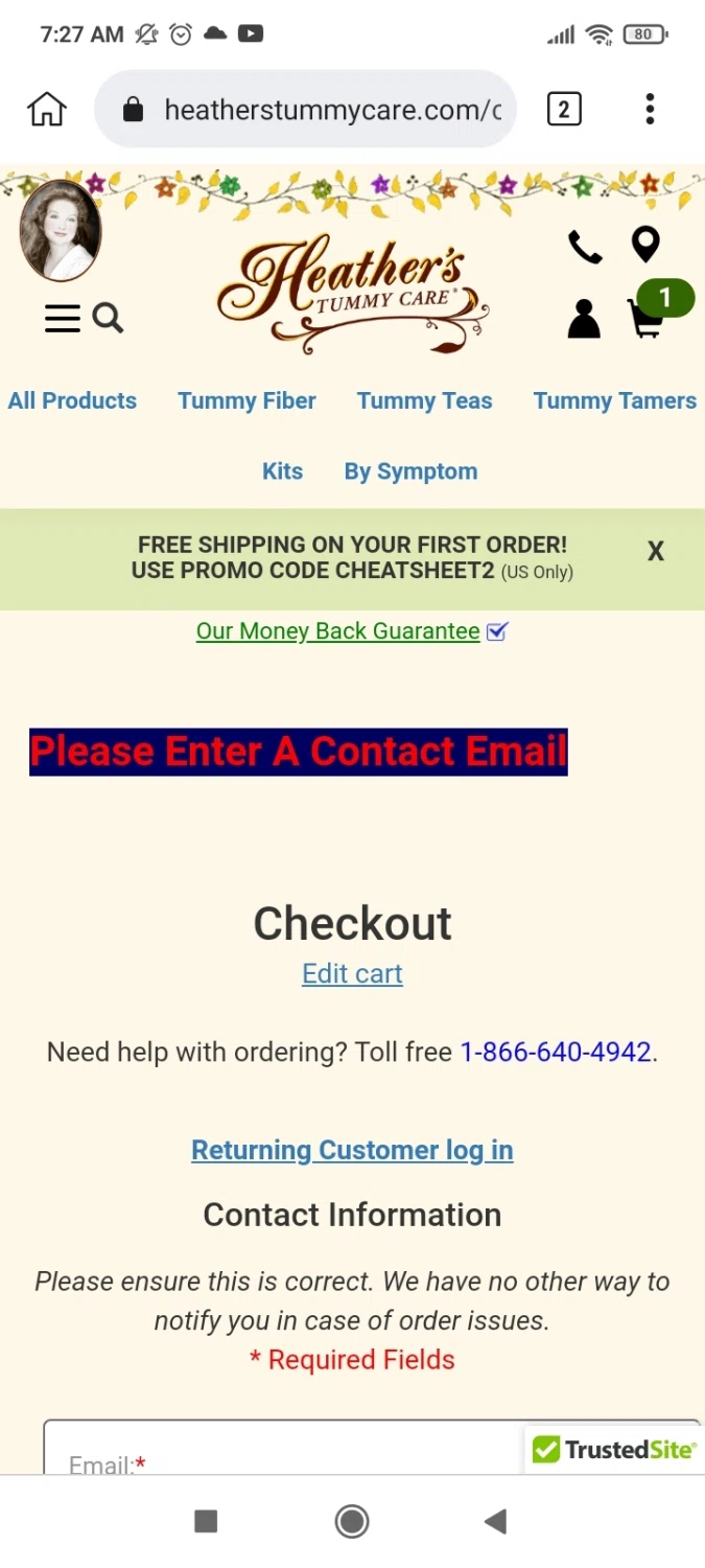 Heather's Tummy Care checkout page showing Heather's Tummy Care promo code box | Screenshot taken by SimplyCodes community member on May 18, 2023