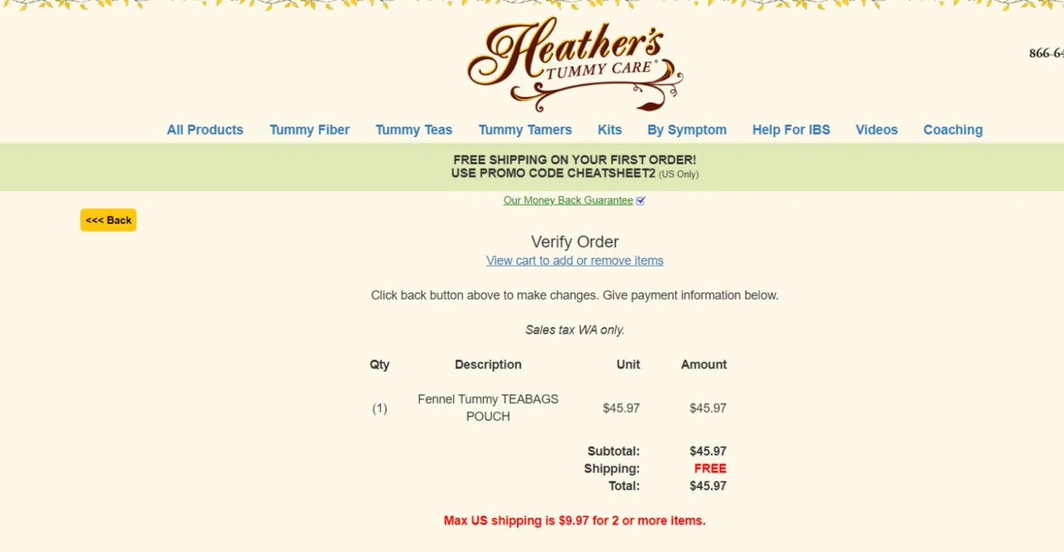Heather's Tummy Care checkout page showing Heather's Tummy Care promo code box | Screenshot taken by SimplyCodes community member on Jan 22, 2023