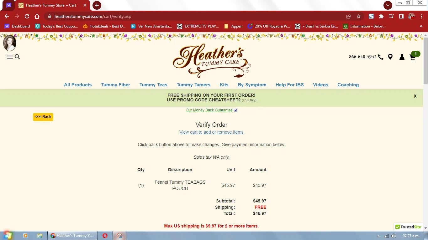 Heather's Tummy Care checkout page showing Heather's Tummy Care promo code box | Screenshot taken by SimplyCodes community member on May 18, 2023