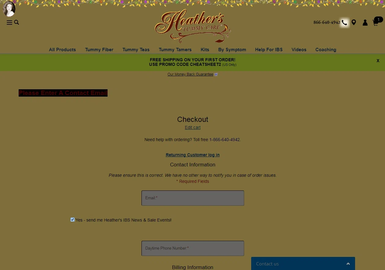Heather's Tummy Care checkout page showing Heather's Tummy Care promo code box | Screenshot taken by SimplyCodes community member on Feb 20, 2023