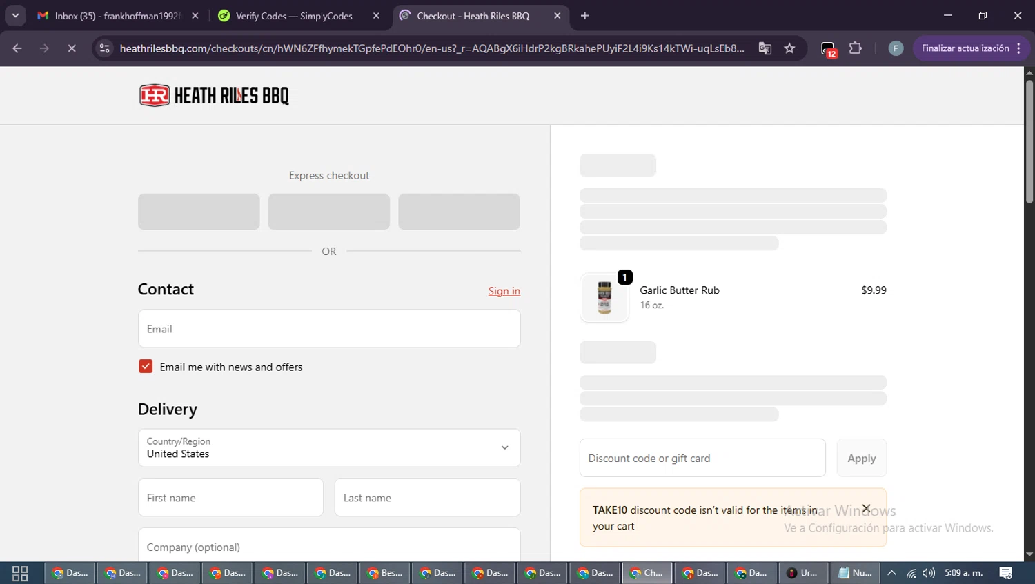 Heath Riles BBQ discount code screenshot showing code TAKE10 applied at Heath Riles BBQ checkout page. Uploaded by SimplyCodes community member DiscountRanger4509 on Dec 18, 2025