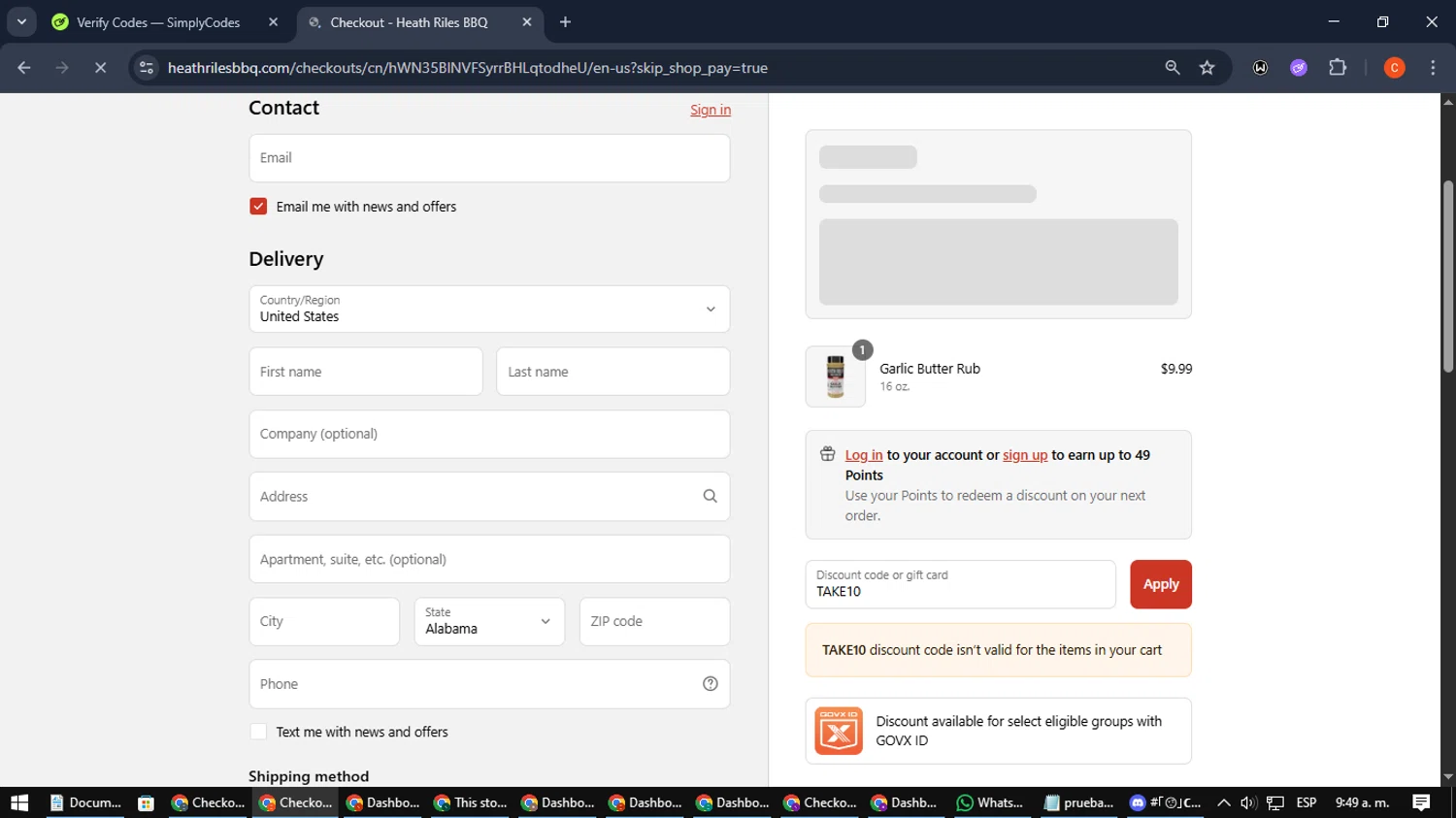 Heath Riles BBQ discount code screenshot showing code TAKE10 applied at Heath Riles BBQ checkout page. Uploaded by SimplyCodes community member NatanaelCano on Sep 17, 2025