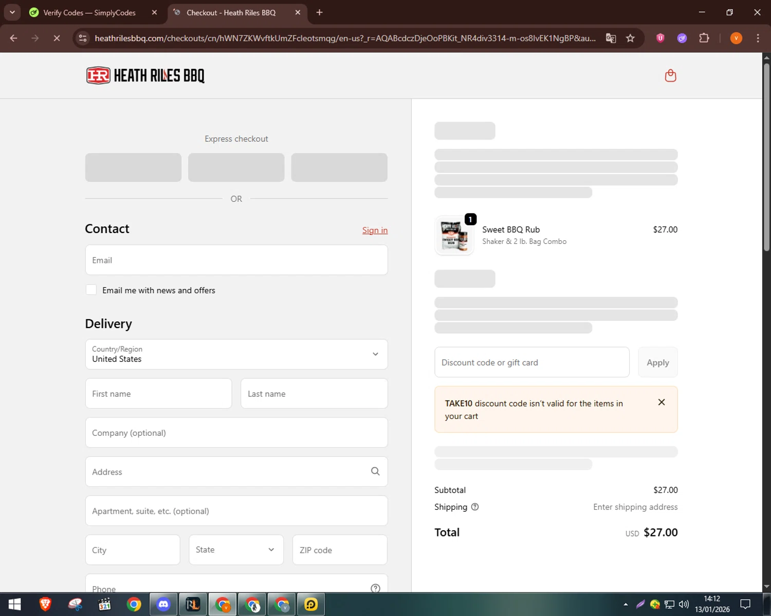 Heath Riles BBQ discount code screenshot showing code TAKE10 applied at Heath Riles BBQ checkout page. Uploaded by SimplyCodes community member bulbasaur69 on Jan 13, 2026