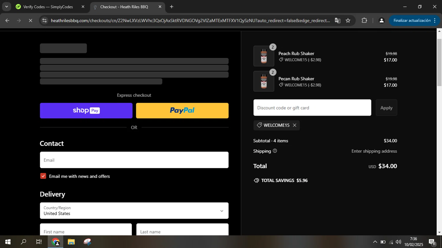 Heath Riles BBQ discount code screenshot showing code WELCOME15 applied at Heath Riles BBQ checkout page. Uploaded by SimplyCodes community member ANDREWW on Feb 10, 2025