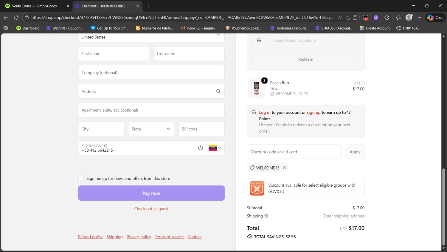 Heath Riles BBQ checkout page showing Heath Riles BBQ discount code box | Screenshot taken by SimplyCodes community member on Feb 6, 2026