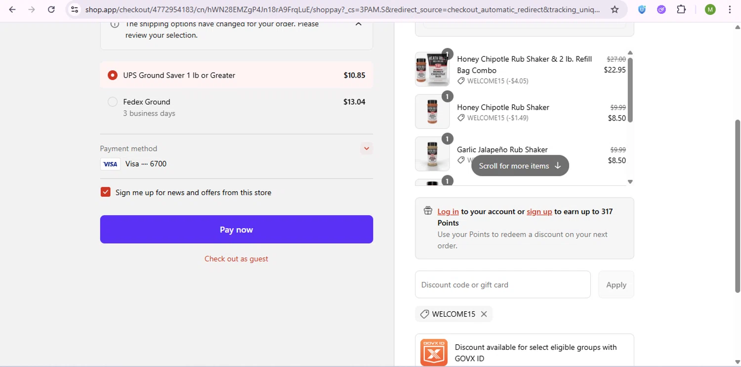 Heath Riles BBQ discount code screenshot showing code WELCOME15 applied at Heath Riles BBQ checkout page. Uploaded by SimplyCodes community member SaleSentinel7319 on Aug 23, 2025
