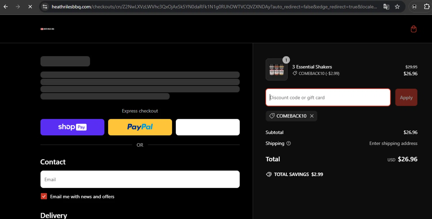 Heath Riles BBQ discount code screenshot showing code COMEBACK10 applied at Heath Riles BBQ checkout page. Uploaded by SimplyCodes community member RoyalSpotter5217 on Mar 9, 2025