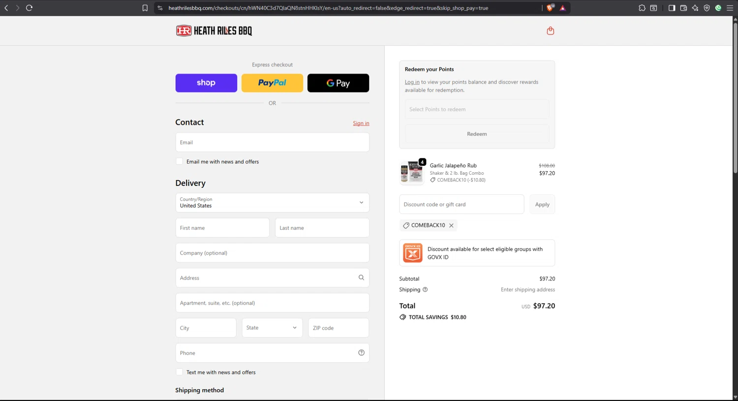 Heath Riles BBQ discount code screenshot showing code COMEBACK10 applied at Heath Riles BBQ checkout page. Uploaded by SimplyCodes community member leonj9624 on Oct 11, 2025