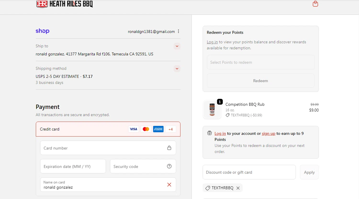 Heath Riles BBQ discount code screenshot showing code TEXTHRBBQ applied at Heath Riles BBQ checkout page. Uploaded by SimplyCodes community member CleverAdmiral7613 on Nov 15, 2025
