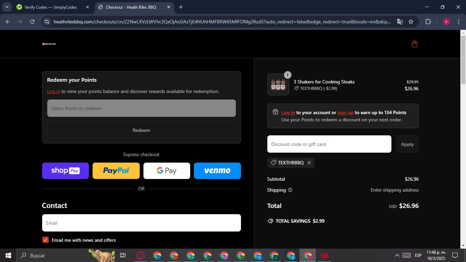 Heath Riles BBQ discount code screenshot showing code TEXTHRBBQ applied at Heath Riles BBQ checkout page. Uploaded by SimplyCodes community member SavingsFalcon3521 on Mar 11, 2025