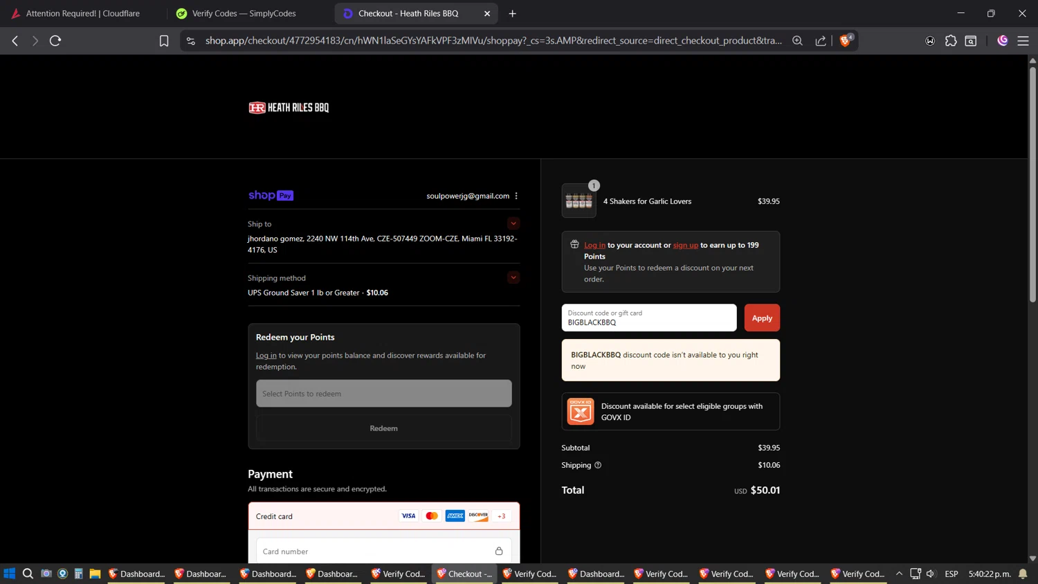Heath Riles BBQ discount code screenshot showing code BIGBLACKBBQ applied at Heath Riles BBQ checkout page. Uploaded by SimplyCodes community member Phoenix on Aug 13, 2025