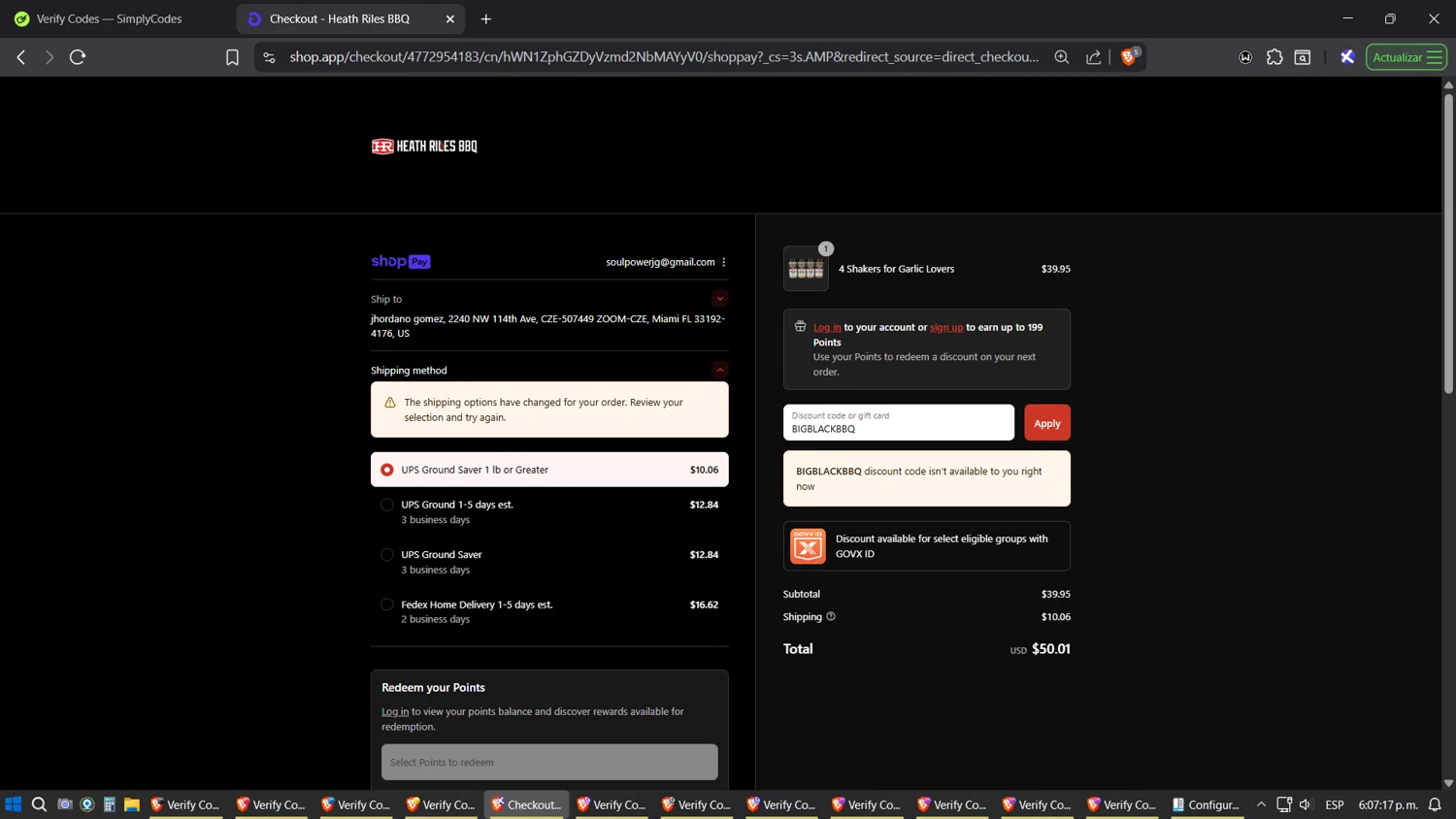 Heath Riles BBQ discount code screenshot showing code BIGBLACKBBQ applied at Heath Riles BBQ checkout page. Uploaded by SimplyCodes community member SoulPower on Aug 8, 2025