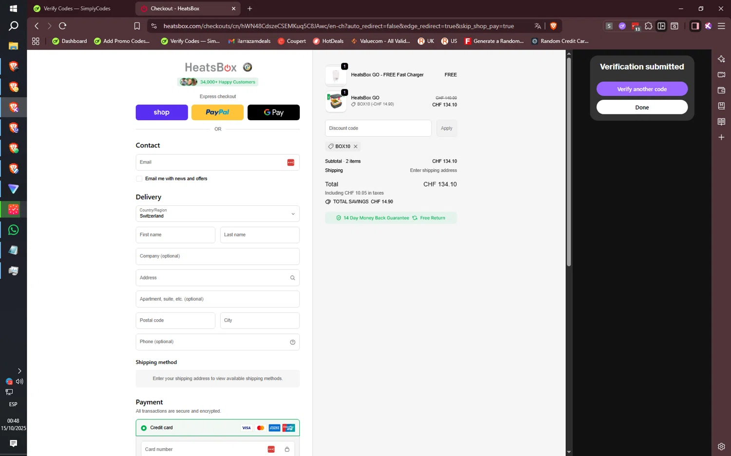 HeatsBox discount code screenshot showing code BOX10 applied at HeatsBox checkout page. Uploaded by SimplyCodes community member CoreSeeker9184 on Oct 15, 2025