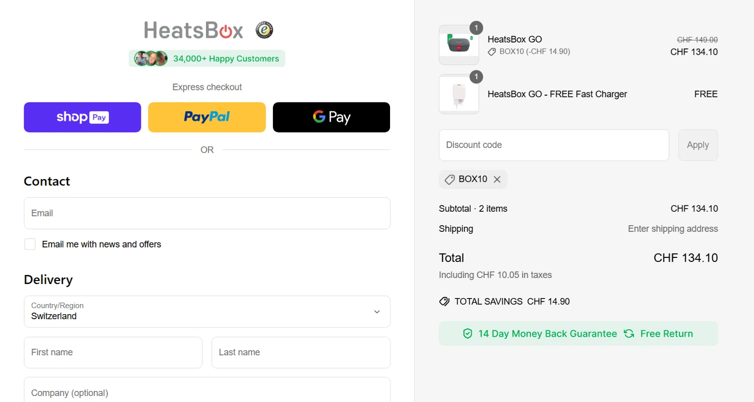 HeatsBox discount code screenshot showing code BOX10 applied at HeatsBox checkout page. Uploaded by SimplyCodes community member lukeCallahannn on May 6, 2025