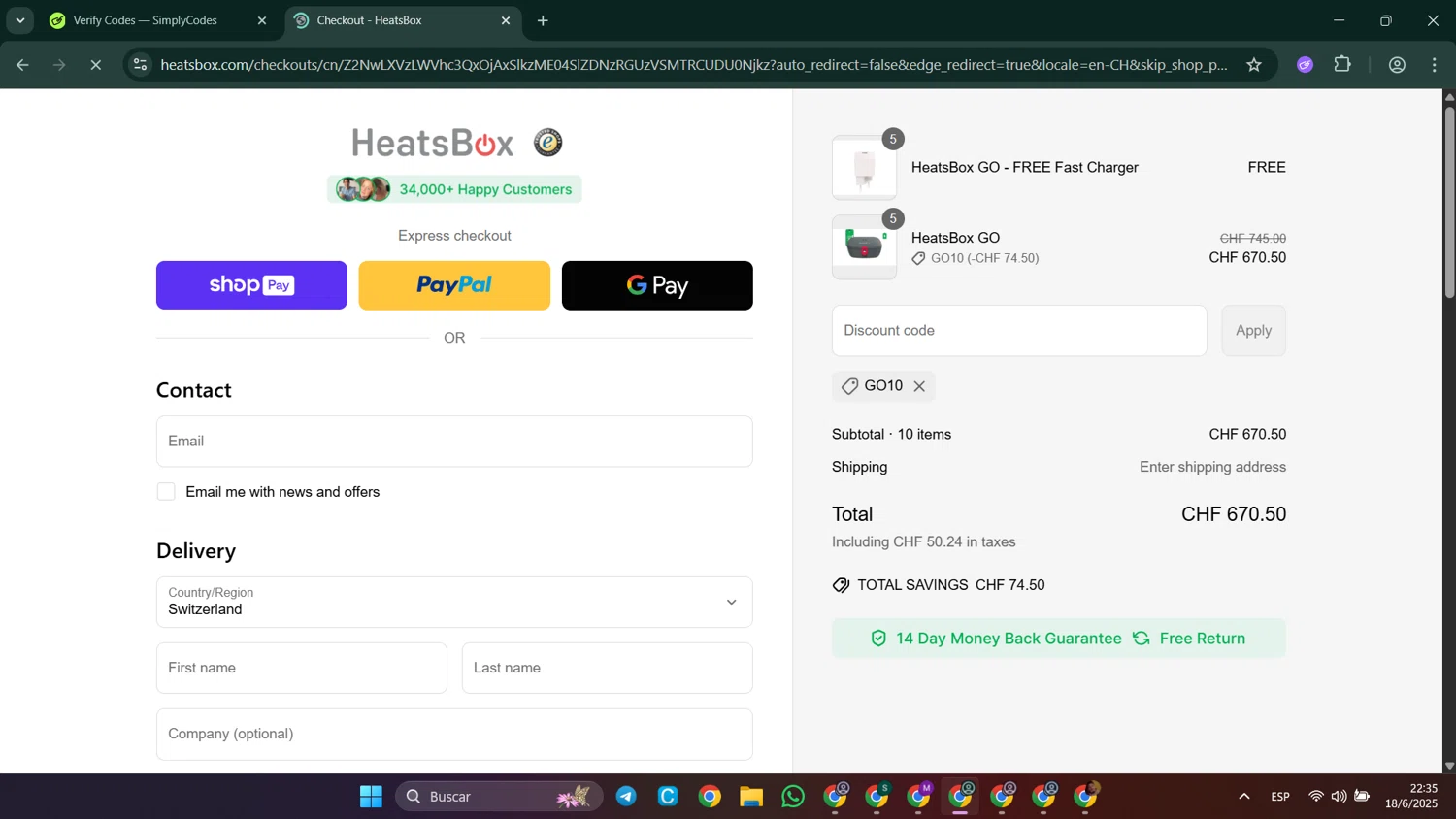 HeatsBox discount code screenshot showing code GO10 applied at HeatsBox checkout page. Uploaded by SimplyCodes community member LuckyElite8069 on Jun 19, 2025