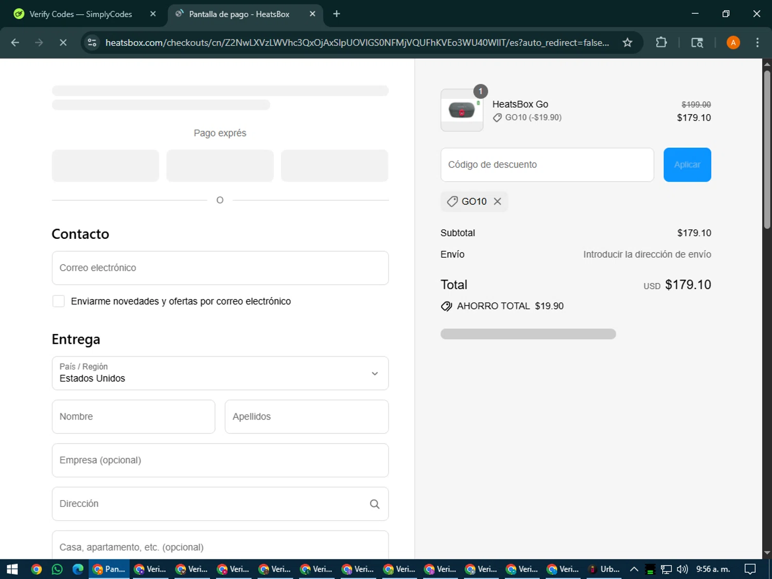 HeatsBox discount code screenshot showing code GO10 applied at HeatsBox checkout page. Uploaded by SimplyCodes community member MoneyPhoenix4664 on Jul 10, 2025