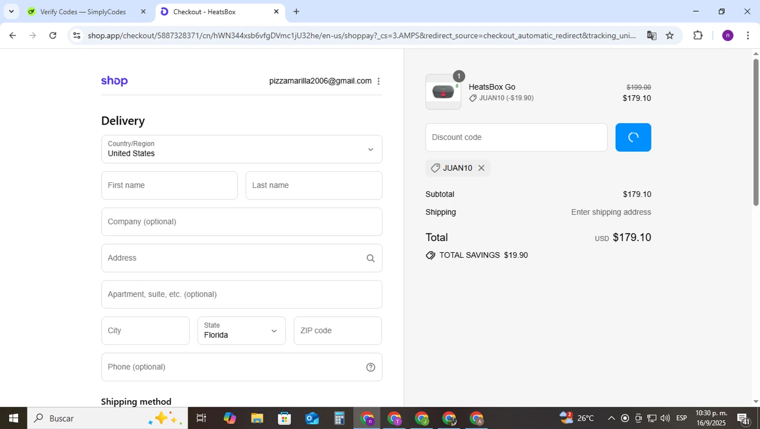 HeatsBox discount code screenshot showing code JUAN10 applied at HeatsBox checkout page. Uploaded by SimplyCodes community member AVAMUSTANG on Sep 17, 2025