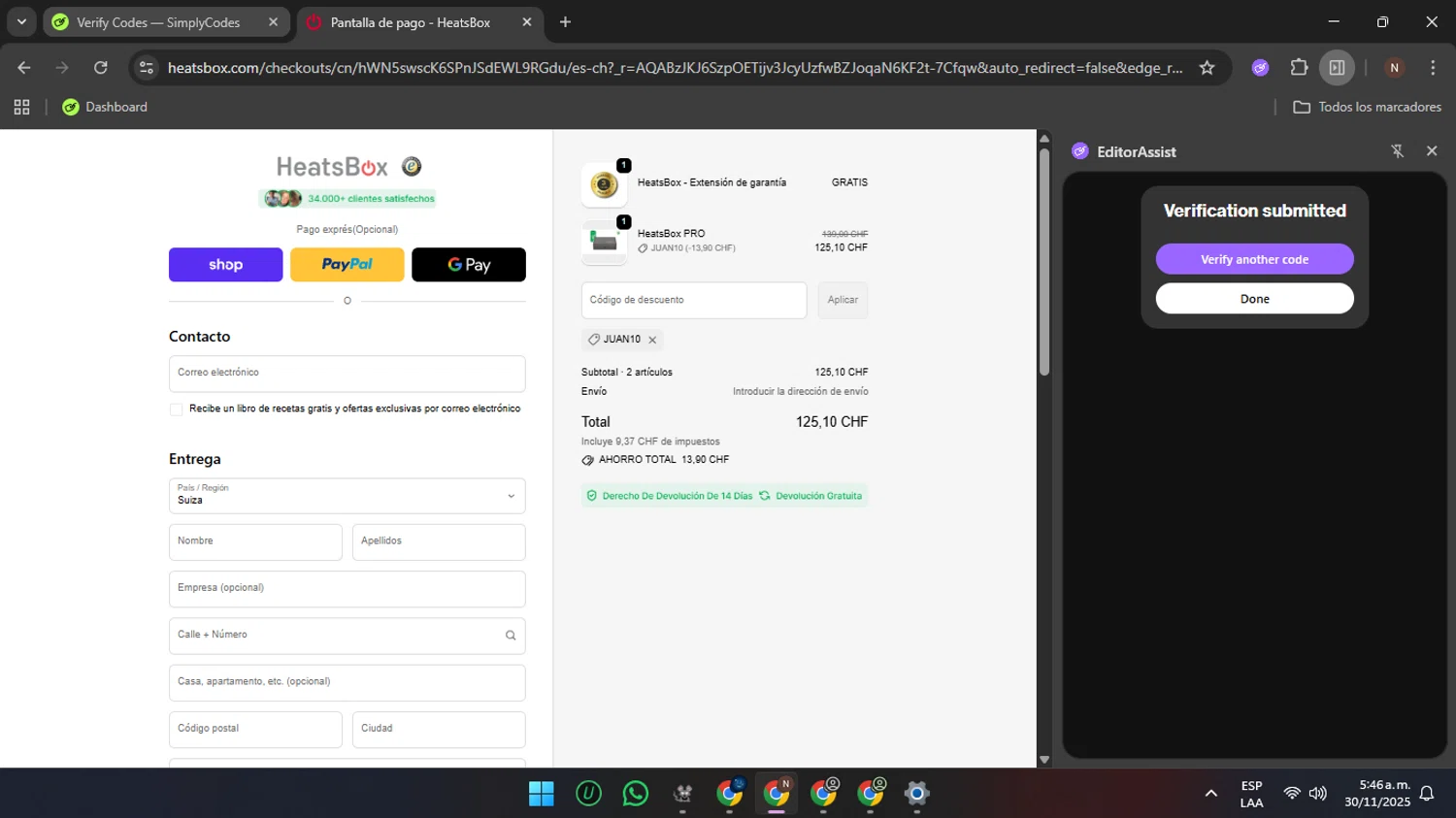 HeatsBox discount code screenshot showing code JUAN10 applied at HeatsBox checkout page. Uploaded by SimplyCodes community member rauzzzz on Nov 30, 2025