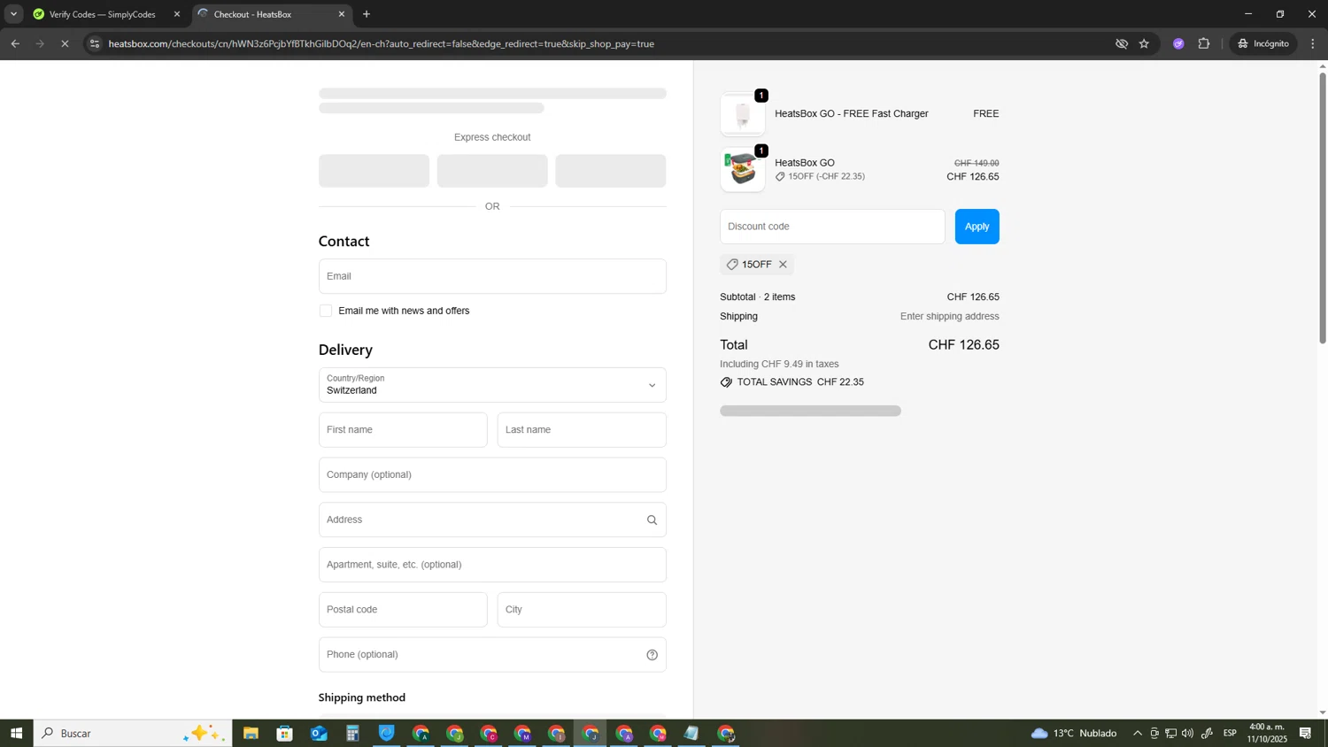 HeatsBox discount code screenshot showing code 15OFF applied at HeatsBox checkout page. Uploaded by SimplyCodes community member AVATIGRITO on Oct 11, 2025
