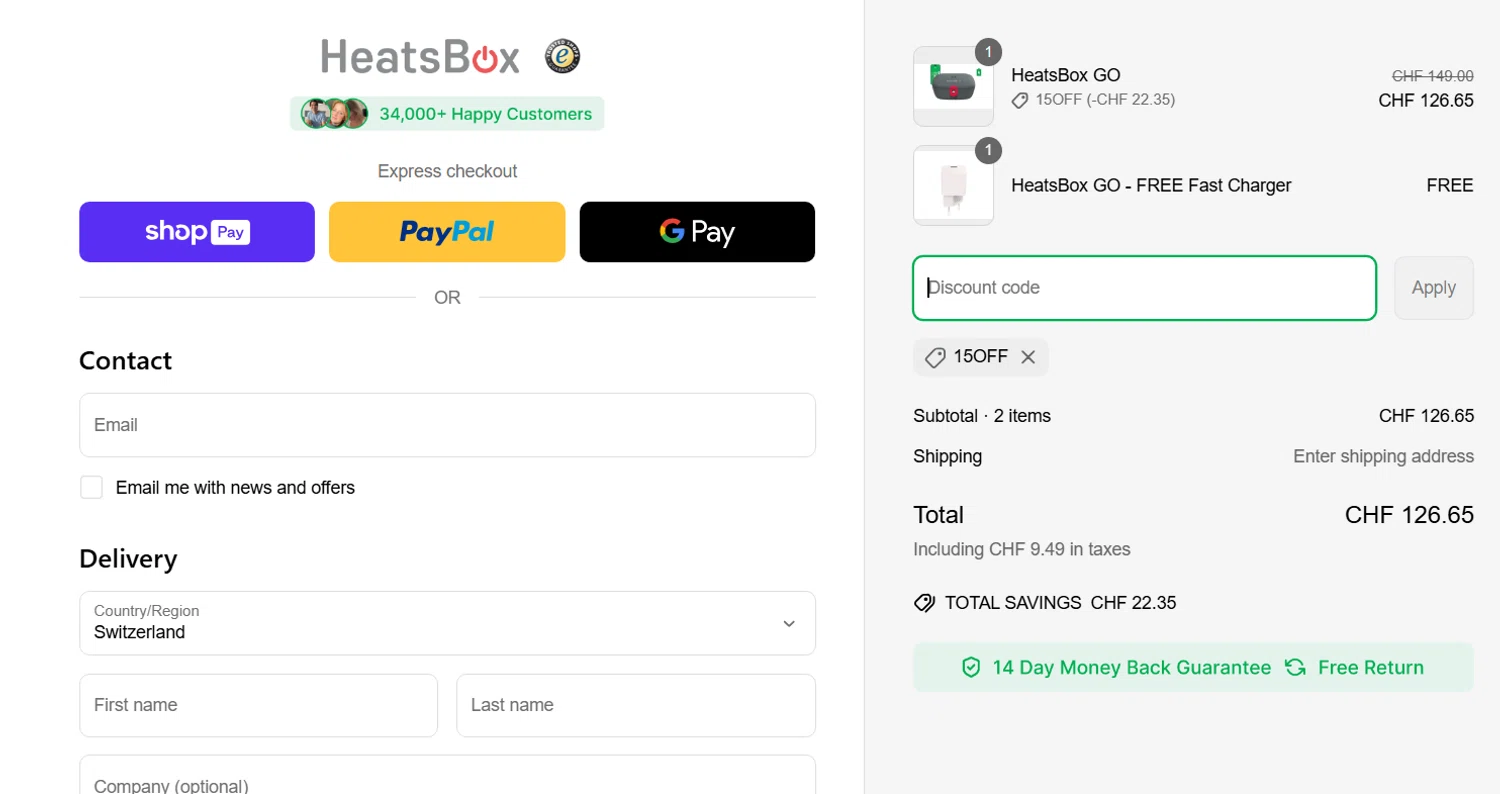 HeatsBox discount code screenshot showing code 15OFF applied at HeatsBox checkout page. Uploaded by SimplyCodes community member LieutenantGhost on Mar 29, 2025