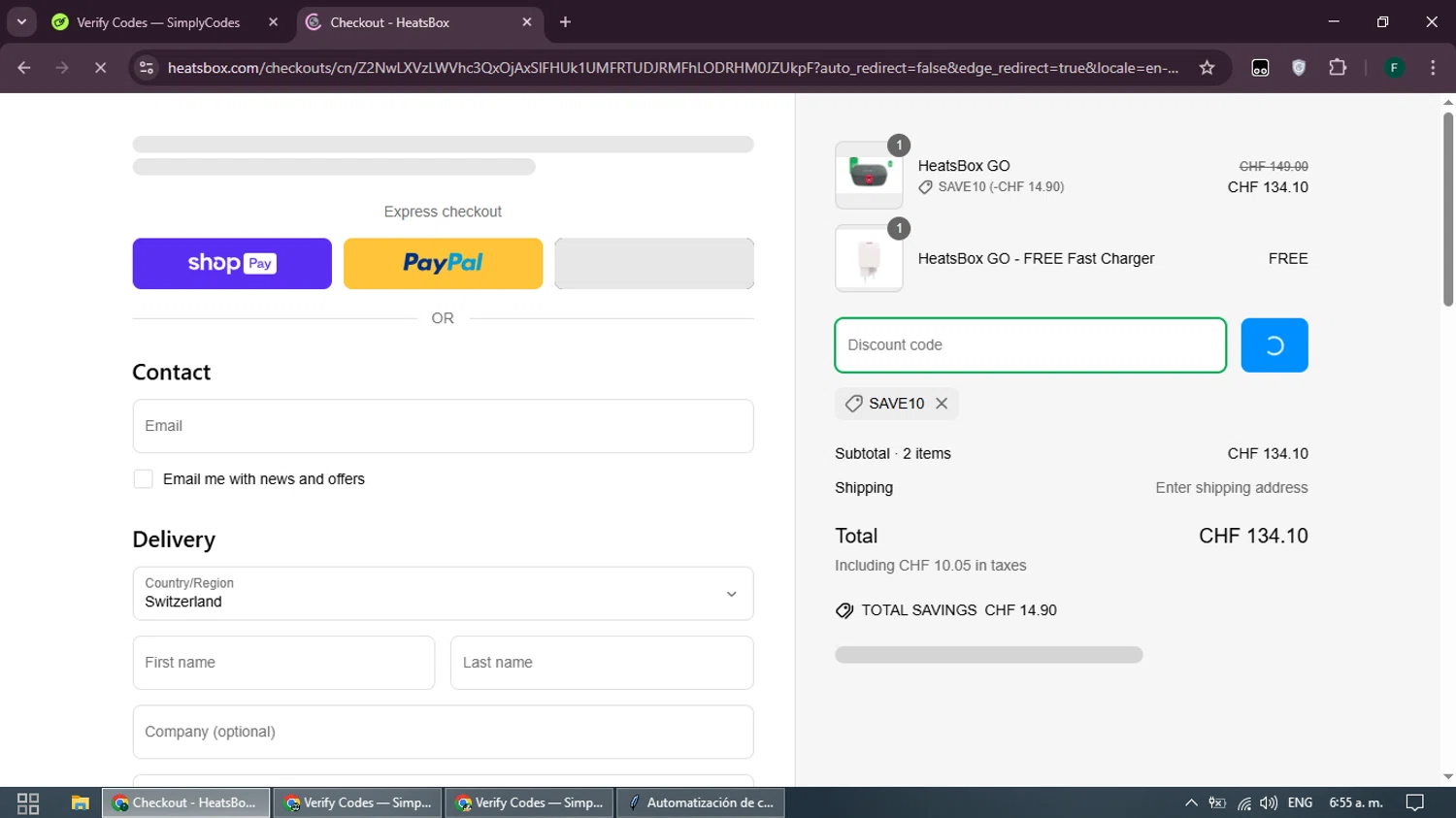 HeatsBox discount code screenshot showing code SAVE10 applied at HeatsBox checkout page. Uploaded by SimplyCodes community member Juanse on Mar 29, 2025