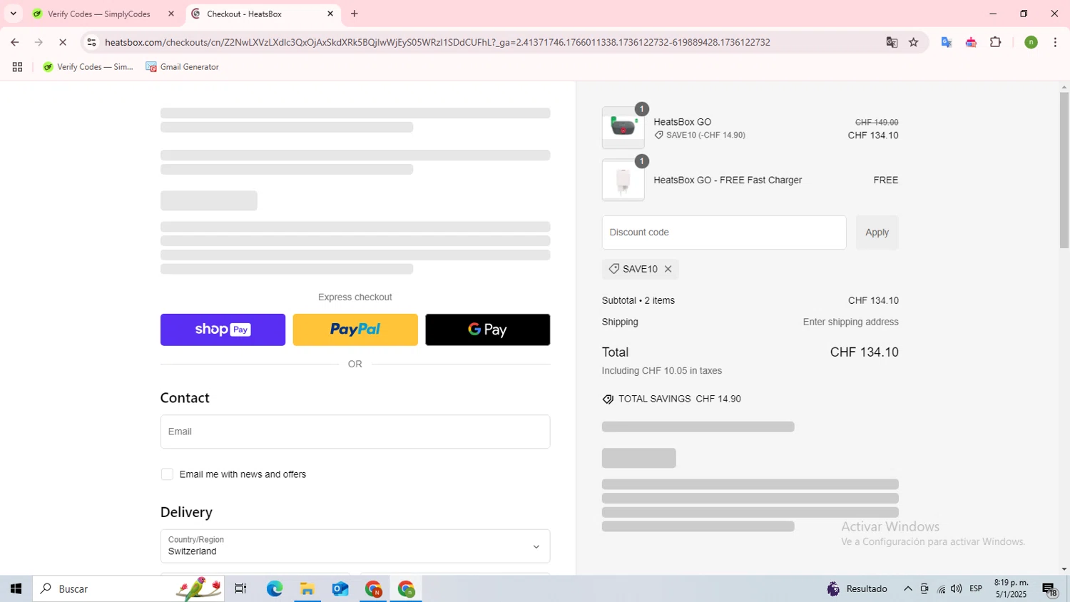 HeatsBox discount code screenshot showing code SAVE10 applied at HeatsBox checkout page. Uploaded by SimplyCodes community member ShieldScout7945 on Jan 6, 2025