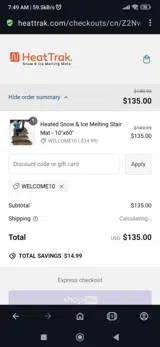Welcome10 coupon verification screenshot