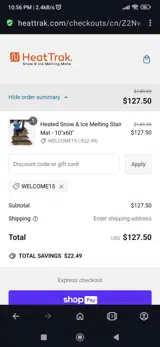 Welcome15 coupon verification screenshot