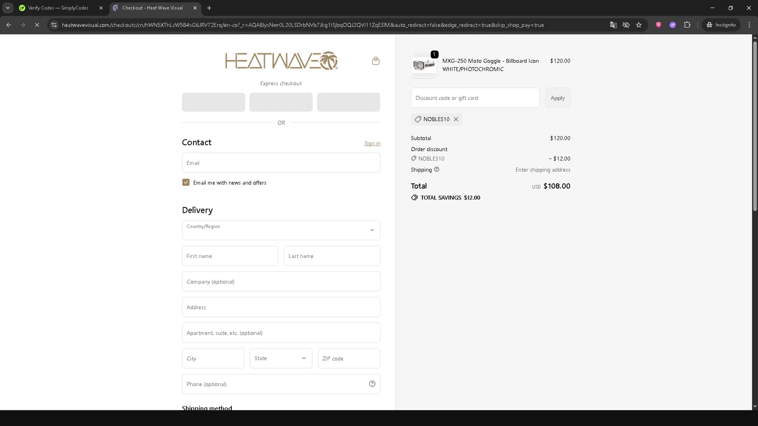 Heat Wave Visual discount code screenshot showing code NOBLES10 applied at Heat Wave Visual checkout page. Uploaded by SimplyCodes community member CBR600 on Nov 21, 2025
