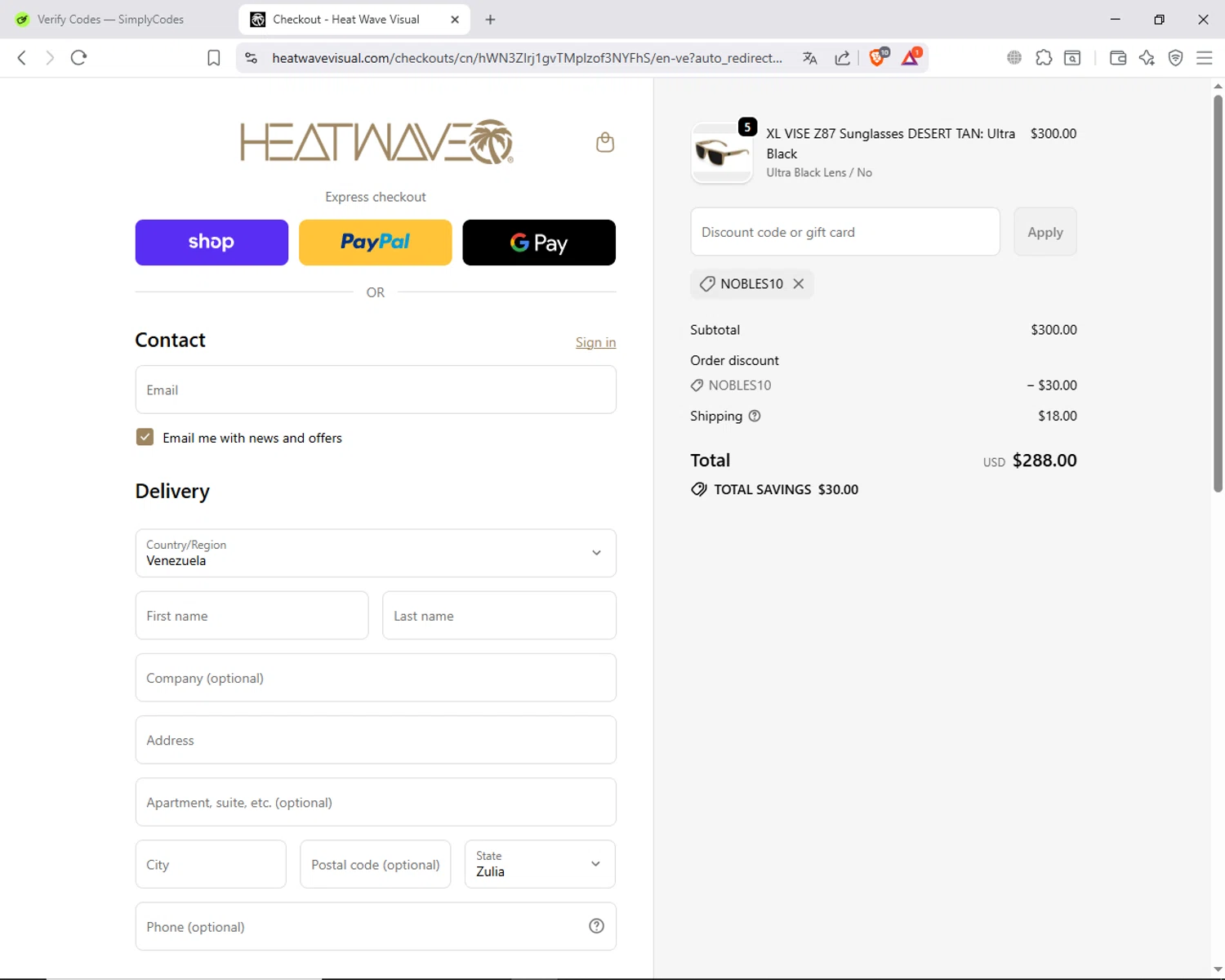 Heat Wave Visual discount code screenshot showing code NOBLES10 applied at Heat Wave Visual checkout page. Uploaded by SimplyCodes community member ShieldAdmiral6835 on Sep 30, 2025