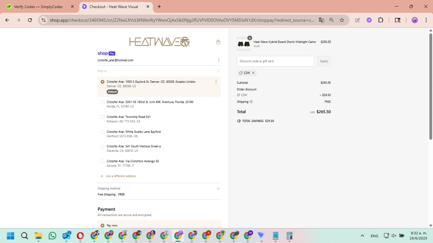 Heat Wave Visual discount code screenshot showing code C2W applied at Heat Wave Visual checkout page. Uploaded by SimplyCodes community member MariAPB on Jun 19, 2025