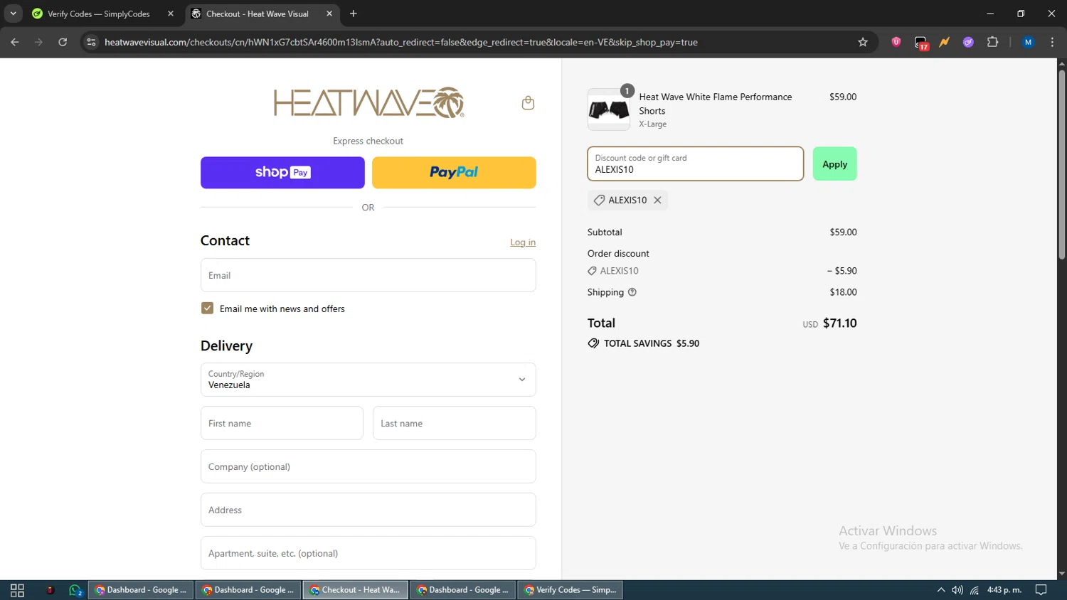 Heat Wave Visual discount code screenshot showing code ALEXIS10 applied at Heat Wave Visual checkout page. Uploaded by SimplyCodes community member EpicVoyager2820 on Aug 18, 2025