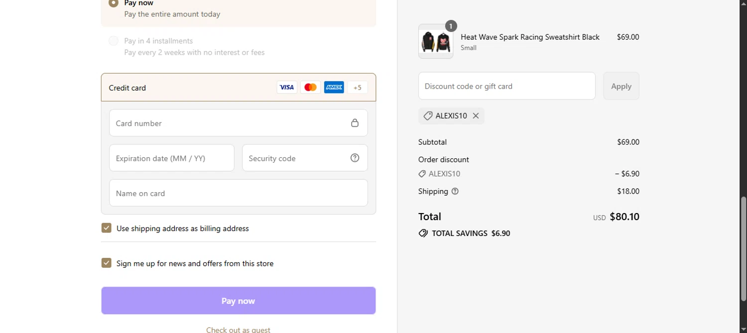 Heat Wave Visual discount code screenshot showing code ALEXIS10 applied at Heat Wave Visual checkout page. Uploaded by SimplyCodes community member noworries on Sep 17, 2025